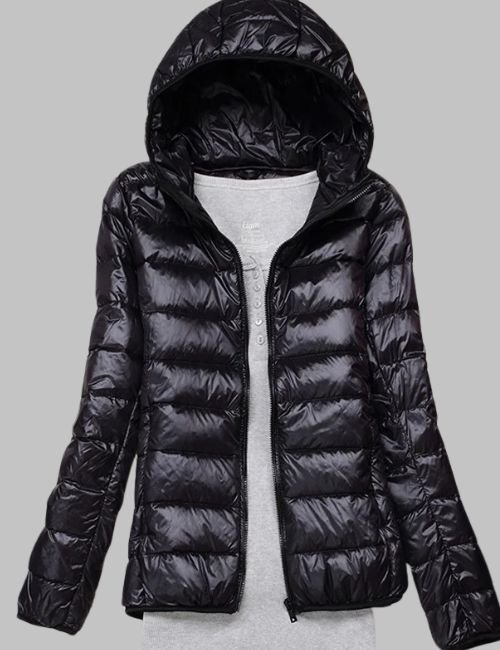 Lightweight women's puffer jacket front view Spring autumn puffer jacket for women Stylish lightweight jacket for women in beige Fashionable puffer coat for women side view