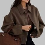 cozy brown wool jacket for women, winter jacket for women, zipper wool jacket for women, woolen short jacket women