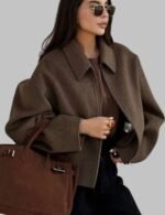 Brown woolen zipper jacket for women, Elegant short brown wool jacket for women, Women's brown wool blend jacket, brown woolen zip-up jacket