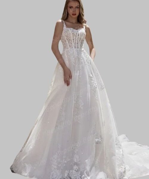 Customized Square Lace Wedding Dress, Sleeveless Court Train Wedding Dress, Square Lace Neckline on Customized Wedding Dress, Boho A-Line Wedding Dress