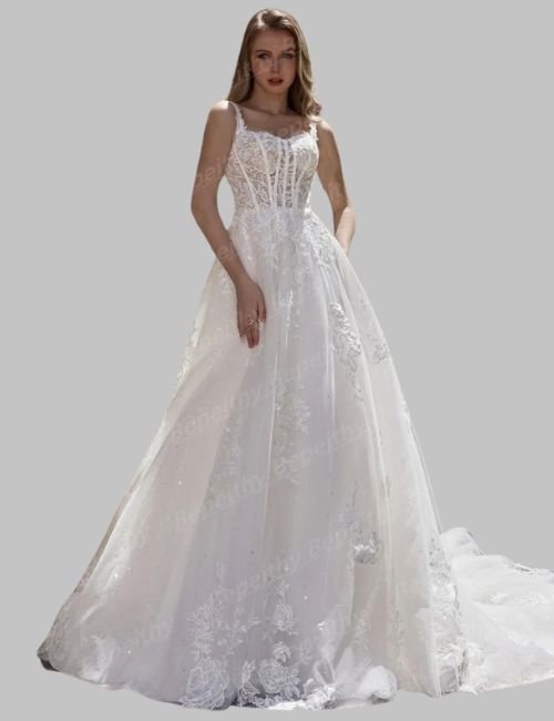 Customized Square Lace Wedding Dress, Sleeveless Court Train Wedding Dress, Square Lace Neckline on Customized Wedding Dress, Boho A-Line Wedding Dress