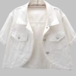 Women’s Solid Color Denim Short Jacket cropped loose fit turn-down collar buttons high-quality cotton denim. Classic casual timeless style for spring summer layering over tees dresses now at Clothing Stores US.