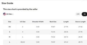 size chat of women's fashion coats and jackets