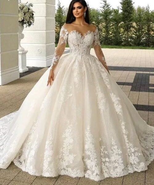 illusion neck church wedding dress, long sleeve bridal gown, lace beading bride dress, ball gown wedding dress, floor-length wedding gown