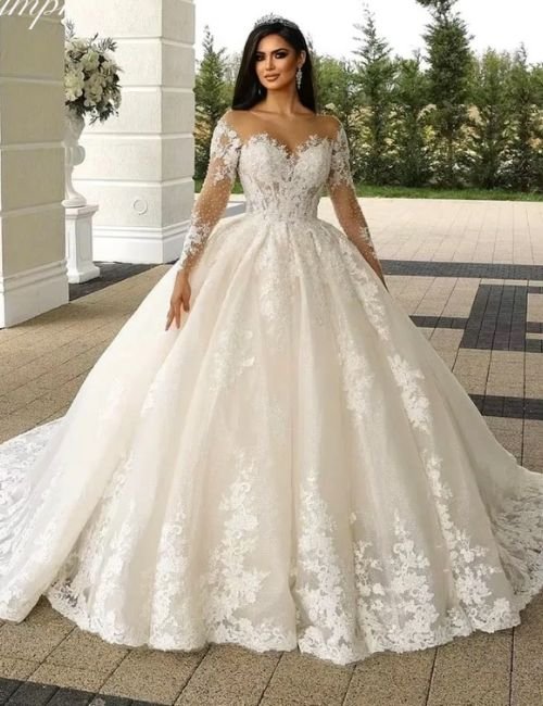 illusion neck church wedding dress, long sleeve bridal gown, lace beading bride dress, ball gown wedding dress, floor-length wedding gown