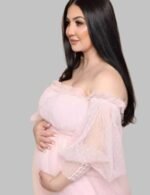 Polka dot pregnancy photoshoot dress , Off-shoulder maternity dress, off-shoulder pregnancy dress, Full-length polka dot maternity gown