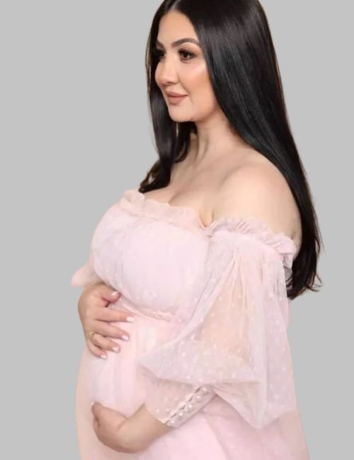 Polka dot pregnancy photoshoot dress , Off-shoulder maternity dress, off-shoulder pregnancy dress, Full-length polka dot maternity gown