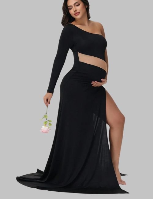 maternity maxi dress with one shoulder, long sleeve maternity dress for baby shower, maternity gown for photoshoot, Flowy maternity maxi dress