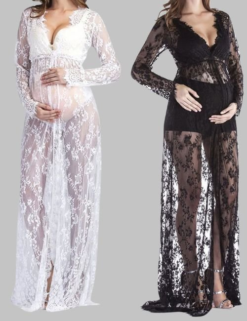 Maternity lace gowns for baby shower photoshoot, Boho maternity lace dress for maternity shoot, Plus size maternity lace gown for photoshoot, Chic maternity lace gown outfit for expecting moms
