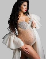 Shinning Crystals Maternity Bodysuit, Long Sleeve Crystal Maternity Bodysuit , Rhinestone Maternity Bodysuit for Photo Shoot, Crystal Embellished Maternity Bodysuit