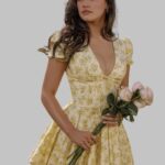 Fashion Summer Dresses Sexy V Neck, Puff Sleeve Tulle Dress for Women, Casual Summer Dress with Tulle Fabric, Sexy V Neck Summer Dress