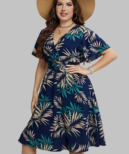 Summer Plus Size Floral Dress V-Neck Ruffle Sleeve A-Line Vacation Outfit
