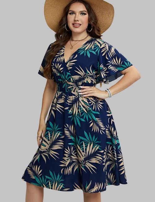 Summer Plus Size Floral Dress V-Neck Ruffle Sleeve A-Line Vacation Outfit