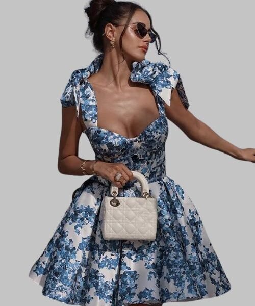 Summer Vintage Blue Dress, A-line Summer Vintage Blue Dress for women, strap Summer Vintage Blue Dress, floral print on Summer Vintage Blue Dress