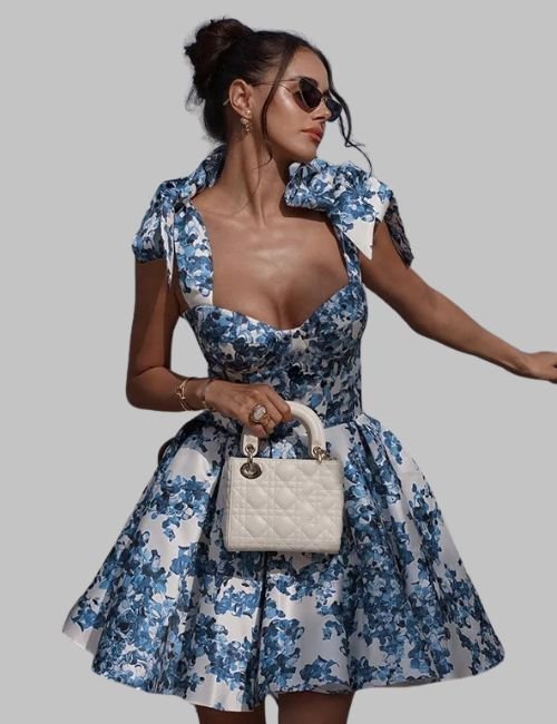 Summer Vintage Blue Dress, A-line Summer Vintage Blue Dress for women, strap Summer Vintage Blue Dress, floral print on Summer Vintage Blue Dress