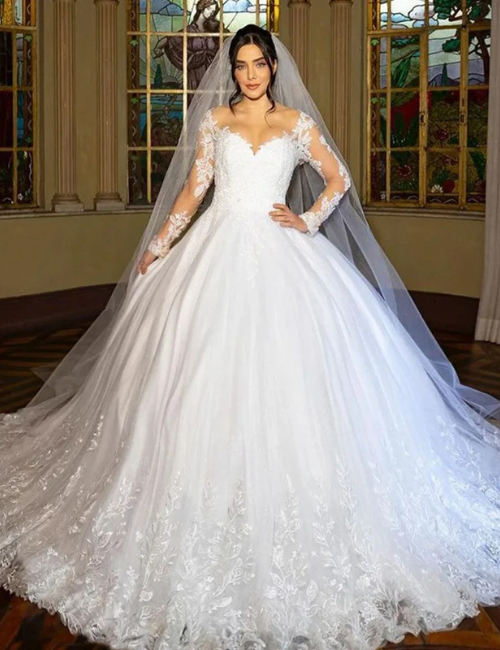 arabic wedding dress, arabian bridal gown, long sleeve wedding dress, ball gown wedding dress, applique bridal dress