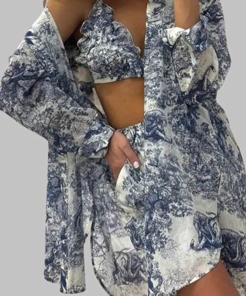 Summer Retro Ink Shirt Set for Women – 3-piece casual outfit with long sleeve shirt, inner top, and printed shorts