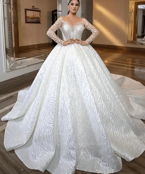 luxury scoop neck bridal dress, beaded ball gown wedding dress, sequined wedding gown for brides, Saudi Arabian bridal gown, Middle Eastern wedding dress