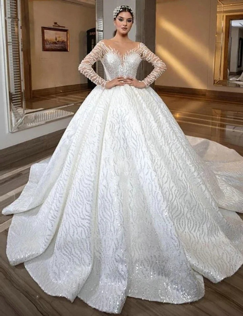 luxury scoop neck bridal dress, beaded ball gown wedding dress, sequined wedding gown for brides, Saudi Arabian bridal gown, Middle Eastern wedding dress