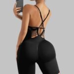 Backless Sports Romper with Cross Adjustable Straps, One-Piece Yoga Suit for Women, Sexy Fitness Jumpsuit Women, Scrunch Shorts Yoga Suit
