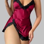 Backless Lace Up Satin Nightdress, Contrast Satin Nightdress with Thigh-High Split, Soft Satin and Lace Sleepwear Dress, Contrast Lace Satin Nightdress