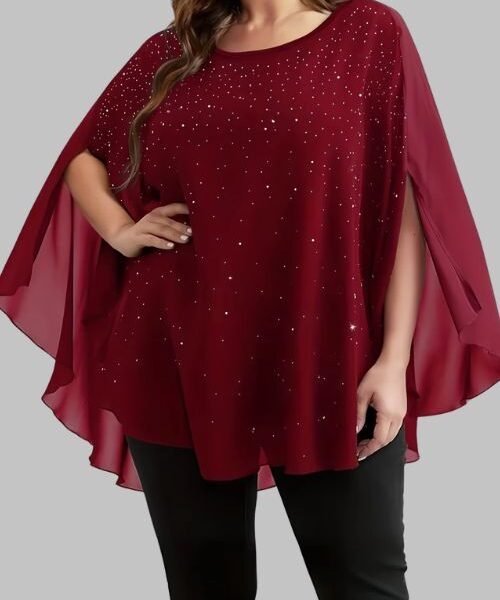 plus size crewneck tee with sequin slit sleeve, plus size top showcasing relaxed fit and slit sleeves with sequin, plus size crewneck summer top, plus size crewneck tee with jeans for vintage casual office look