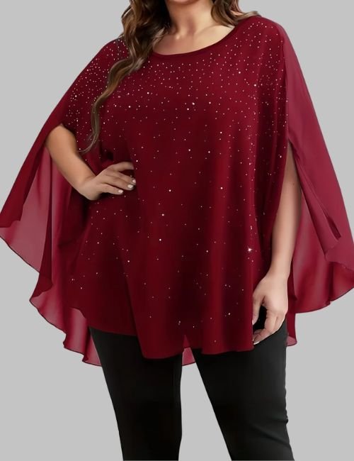 plus size crewneck tee with sequin slit sleeve, plus size top showcasing relaxed fit and slit sleeves with sequin, plus size crewneck summer top, plus size crewneck tee with jeans for vintage casual office look