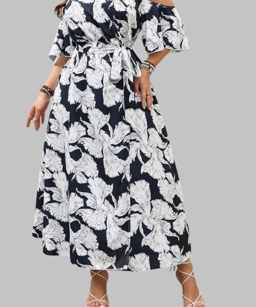 Plus Size Floral Maxi Dress with Ruffle Sleeves, Women Plus Size Maxi Dress, Belted Plus Size Maxi Dress for Women, Ruffle Sleeve and V Neckline on Floral Maxi Dress