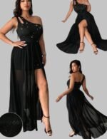 Plus Size Fashion Sexy Dress with One-Shoulder Sequin Sleeve, Plus Size Summer Party Dress, One-Shoulder Mesh Dress for Plus Size Women in Summer, Sexy Plus Size Dress with Sequin Sleeve and Mesh Fabric