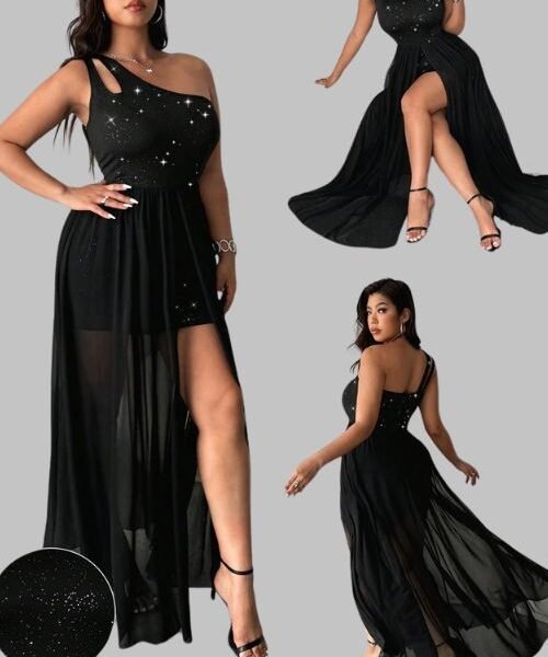 Plus Size Fashion Sexy Dress with One-Shoulder Sequin Sleeve, Plus Size Summer Party Dress, One-Shoulder Mesh Dress for Plus Size Women in Summer, Sexy Plus Size Dress with Sequin Sleeve and Mesh Fabric