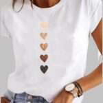 Love Heart Print T Shirt with O neck casual fit, women’s summer T Shirt, Love Heart Print T Shirt, Love Heart Print T Shirt laid flat