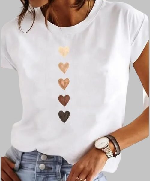 Love Heart Print T Shirt with O neck casual fit, women’s summer T Shirt, Love Heart Print T Shirt, Love Heart Print T Shirt laid flat