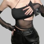 fairy grunge mesh crop top, Transparent camisole crop top with sleeves for women, Asymmetrical Mesh Crop Top with sleeves, asymmetrical cut-out details on mesh crop top