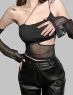 fairy grunge mesh crop top, Transparent camisole crop top with sleeves for women, Asymmetrical Mesh Crop Top with sleeves, asymmetrical cut-out details on mesh crop top