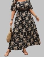 Summer Plus Size Floral Dress with knot, Summer Plus Size Floral Dress in maxi length for women, square neckline and hollow-out waist of boho maxi dress, plus size boho vacation dress