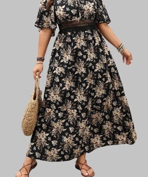 Summer Plus Size Floral Dress with knot, Summer Plus Size Floral Dress in maxi length for women, square neckline and hollow-out waist of boho maxi dress, plus size boho vacation dress