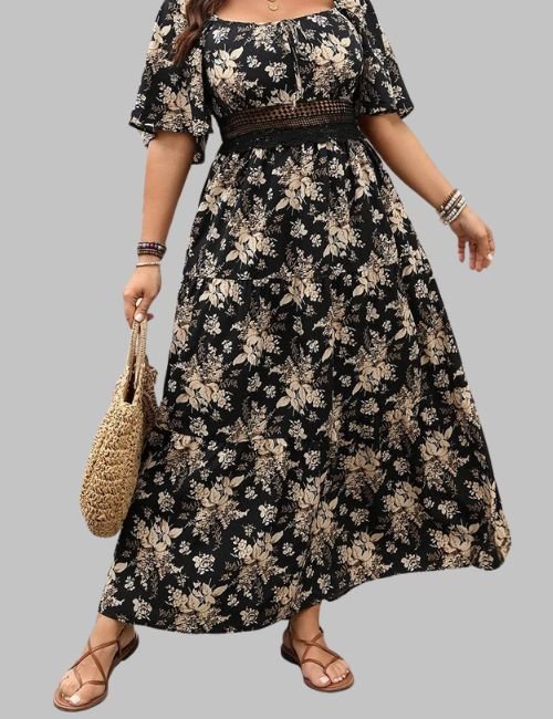 Summer Plus Size Floral Dress with knot, Summer Plus Size Floral Dress in maxi length for women, square neckline and hollow-out waist of boho maxi dress, plus size boho vacation dress