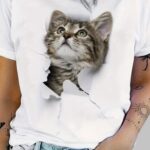 Cartoon Cat 2D T-shirt – round neck short sleeve style, Cartoon Cat 2D T-shirt in summer street style, 2D cartoon cat print on casual women's t-shirt, Cartoon Cat 2D graphic tee for women