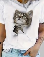 Cartoon Cat 2D T-shirt – round neck short sleeve style, Cartoon Cat 2D T-shirt in summer street style, 2D cartoon cat print on casual women's t-shirt, Cartoon Cat 2D graphic tee for women
