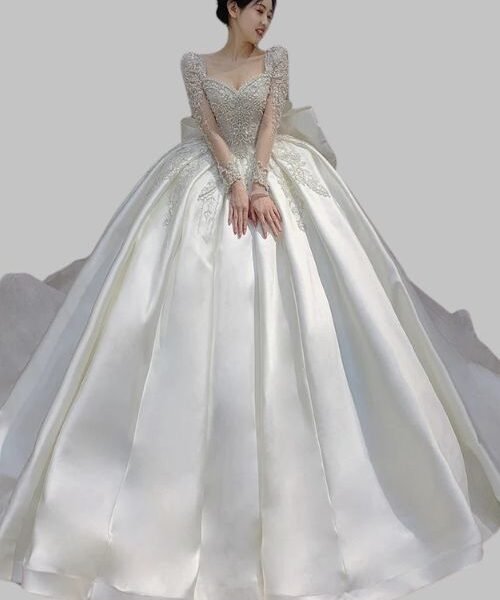 Plus size long sleeve wedding dress, Long sleeve satin lace wedding dress, Elegant long sleeve satin wedding dress, Bridal dress with long sleeves