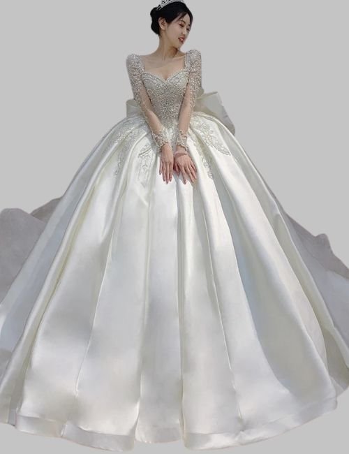 Plus size long sleeve wedding dress, Long sleeve satin lace wedding dress, Elegant long sleeve satin wedding dress, Bridal dress with long sleeves