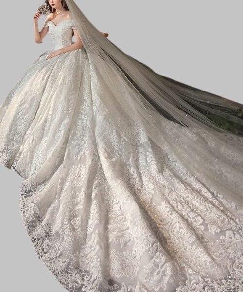 Luxury princess wedding gown, Princess-style wedding dress, boat neck lace wedding gown with train, Sleeveless bridal gown