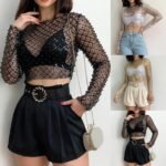 rhinestone long sleeve crop top for women, sparkly crop top for party, shiny long sleeve club top, glittery mesh crop top,