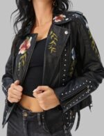 women's embroidered leather jacket, embroidered leather racer jacket, premium leather racer jacket, ladies embroidered moto jacket