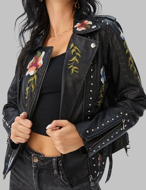 women's embroidered leather jacket, embroidered leather racer jacket, premium leather racer jacket, ladies embroidered moto jacket