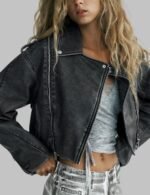 cropped biker leather jacket, women's cropped leather racer jacket, stylish leather biker jacket for women, cropped moto jacket women's