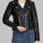 women's faux leather moto jacket, biker jacket for women, fashion outerwear for women, vegan leather jacket