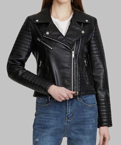 women's faux leather moto jacket, biker jacket for women, fashion outerwear for women, vegan leather jacket