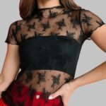 mock neck lace tops for women, slim fit lace fashion top, semi-sheer lace sleeve top, breathable lace mock neck top