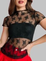 mock neck lace tops for women, slim fit lace fashion top, semi-sheer lace sleeve top, breathable lace mock neck top